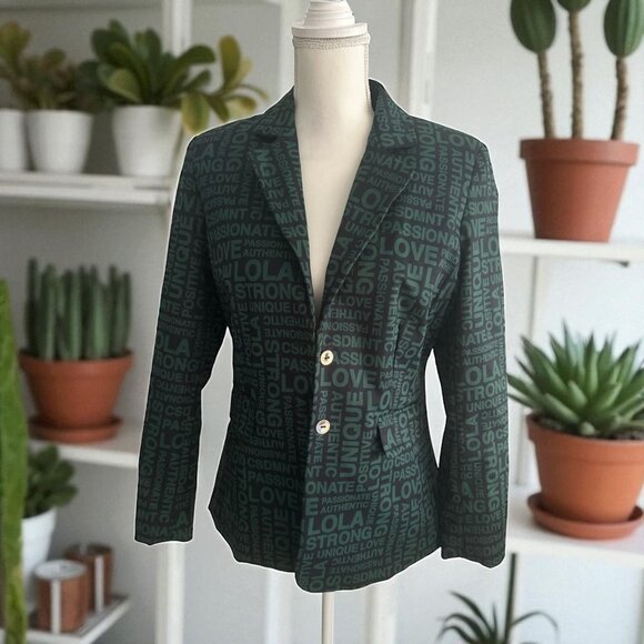 LOLA CASADEMUNT Green Black Logo Blazer Jacket Size Large - Picture 1 of 10
